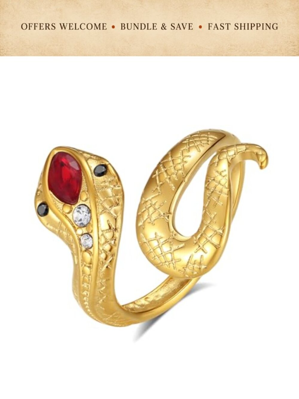 18k Gold Plated Stainless Steel Snake Statement Ring Hypoallergenic